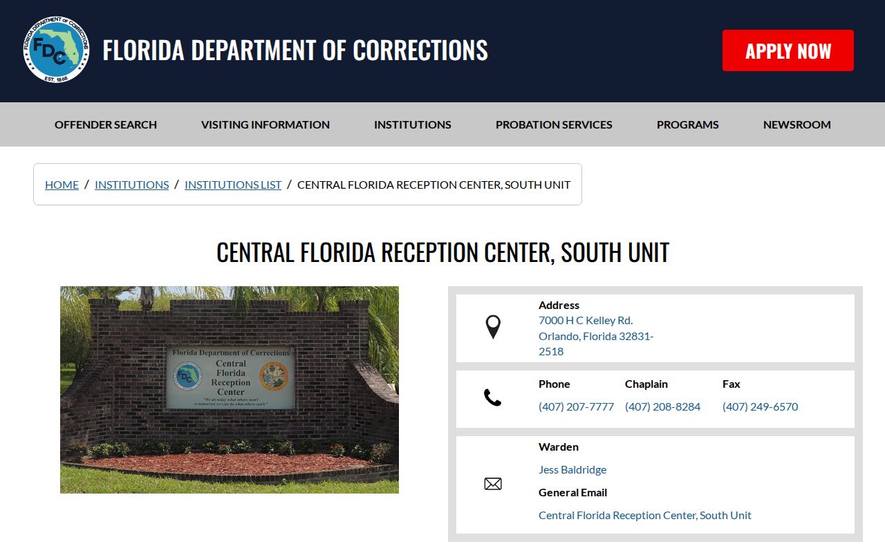 Central Florida Reception Center South Unit official FDC discharge and custody profile