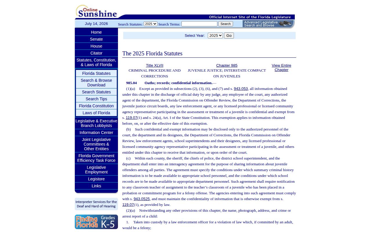Florida juvenile confidentiality rules for Orange Regional Juvenile Detention Center release records