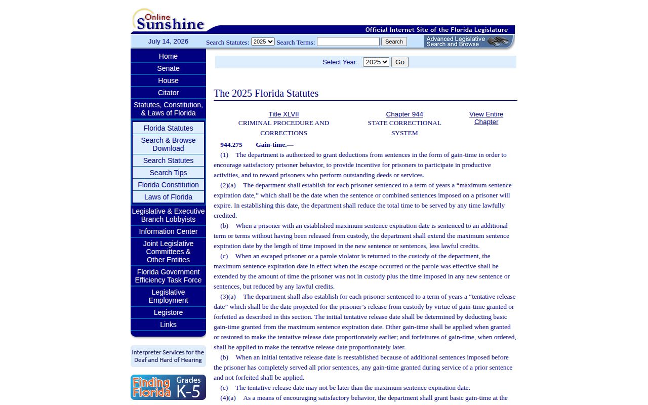 Florida state prison gain-time statute for Orange County release dates